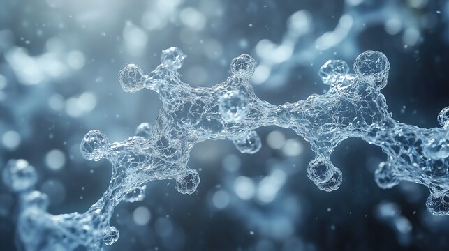 a close-up view of a transparent molecular structure rendered in blue hues, showcasing an intricate network of interwoven nodes and bonds.
