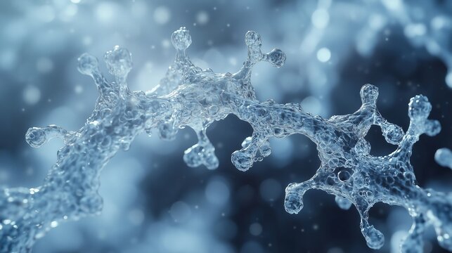 a close-up view of a transparent molecular structure rendered in blue hues, showcasing an intricate network of interwoven nodes and bonds.