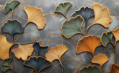 Wall Mural - 3d mural wallpaper. Chinese leaves and golden waves in black and gray background