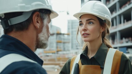 Poster - A female architect in a white hard hat shares a productive conversation with a foreman, highlighting teamwork at a bustling work site