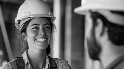 Poster - A female architect smiles while discussing a project with a foreman, emphasizing leadership and cooperation in construction work