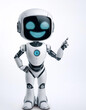 © SaddhaVisual - Cute AI robot pointing copy space beside her with smile and happy feeling on white