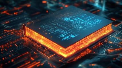 Poster - A high-tech visual of a glowing book connected to circuit lines, representing the fusion of innovation, knowledge, and digital advancements