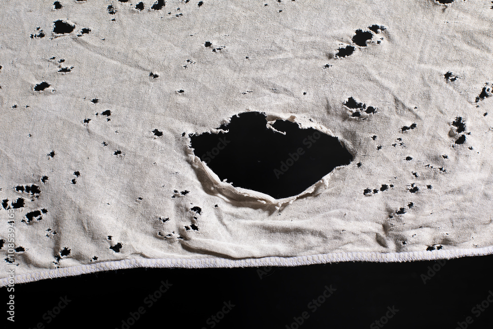 Ragged cloth with holes, grunge damaged white shirt on black background ...