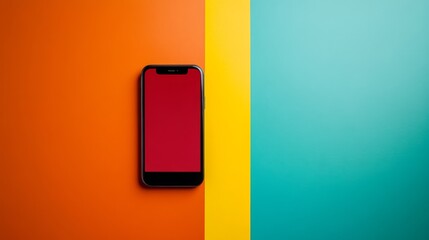 Poster - Smartphone on Colorful Background: A black smartphone with a red screen sits on a vibrant backdrop of orange, yellow, and teal. The minimalist composition provides a clean and modern aesthetic.
