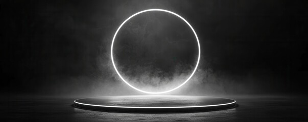 Poster - Minimalist circular podium with glowing edge on dark background