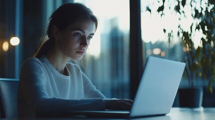 Poster - Focused Young Woman Working Late at Night on a Laptop, Engaged in Deep Thought, Illuminated by Soft Indoor Lighting in Modern Office Space