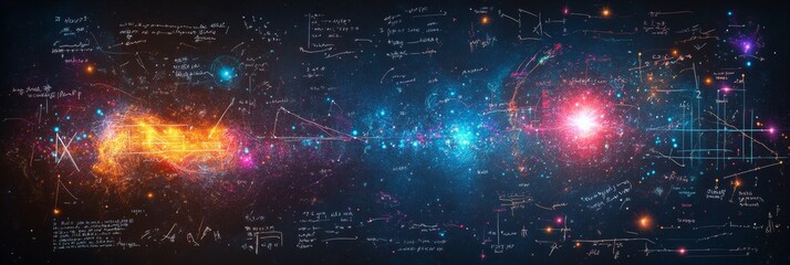 cosmic calculus abstract background with glowing equations and formulas on a chalkboard