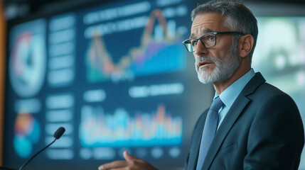 Poster - A man in a suit is standing in front of a large screen with graphs and numbers