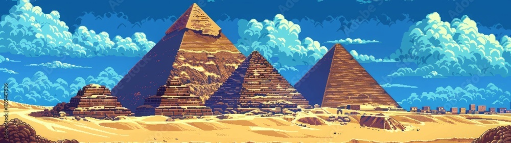 Pixel art depiction of Egyptian pyramids in a desert landscape under a ...