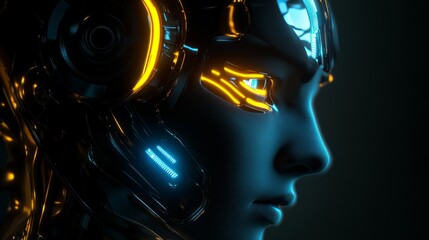 Poster - A woman's face is shown in a futuristic setting with a glowing blue