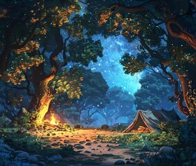 Canvas Print - Night Forest Campfire