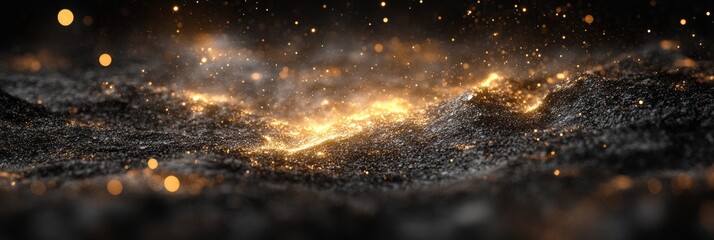 Wall Mural - abstract golden dust particles sparkling on a black background, with a shallow depth of field