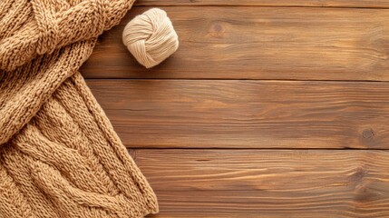 Fototapete - Cozy Knit Cowl and Yarn on Rustic Wood Background