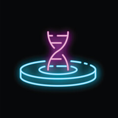 Poster - Glowing neon line dna strand floating over platform icon illustrating genetic engineering concept