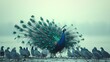 © Paul - A radiant peacock, with tail feathers spread, confidently strides through grey pigeons, celebrating uniqueness and natural beauty against a muted backdrop