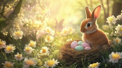 Wall Mural - A tranquil spring meadow scene featuring a fluffy rabbit, a nest with chicks, and pastel eggs among blooming flowers, bathed in gentle sunlight