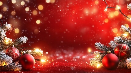 Poster - A red background with snowflakes and Christmas lights