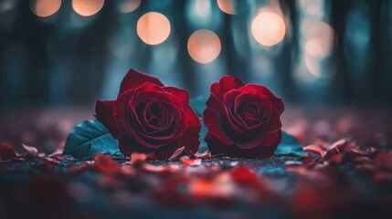 Poster - Against a glowing bokeh background, two deep red roses and scattered petals create a poetic representation of love and affection