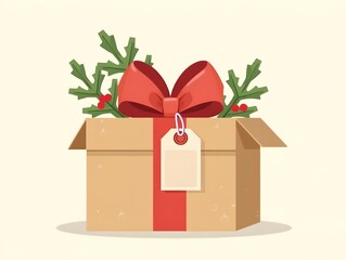 Christmas gift in kraft paper with tag and branches. Present box in craft wrapping paper with bow and branches. Colored flat vector illustration isolated on background.