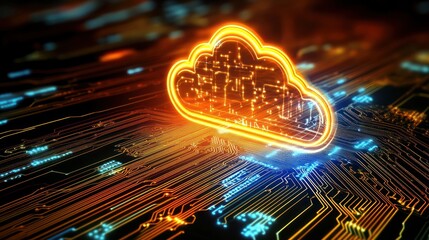 Poster - cloud symbol over a circuit board, representing cloud computing and technology.
