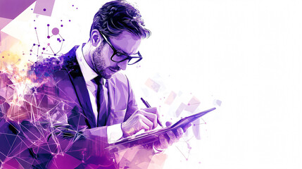 Poster - A business professional dressed in a suit is actively writing on a digital tablet. The background features colorful abstract designs that enhance the modern aesthetic.