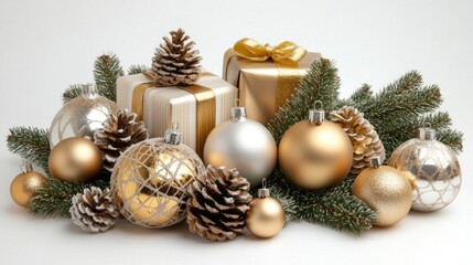 Poster - A Christmas tree with many gold and silver ornaments and pine cones