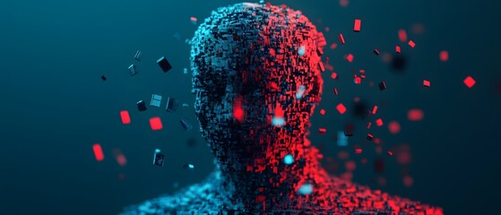 Aufkleber - Abstract Representation of a Human Figure Formed by Colorful Particles in Red and Blue, Symbolizing Technology, Data, and Digital Transformation in Modern Context