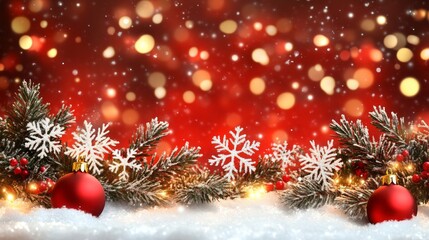Poster - A red background with snow and Christmas decorations