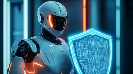 Aufkleber - Futuristic humanoid robot showcasing advanced technology and security features, equipped with a glowing shield in a high-tech environment, symbolizing protection and innovation