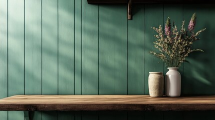 Poster - A wooden shelf with two vases and a bouquet of flowers