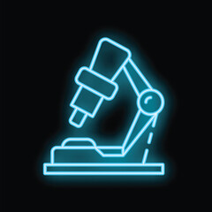 Poster - Blue neon icon of a microscope glowing against a dark background, representing scientific exploration and discovery