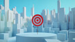 © pawimon - red target symbol stands prominently on pedestal amidst stylized cityscape, conveying focus and ambition. vibrant colors and geometric shapes create modern aesthetic