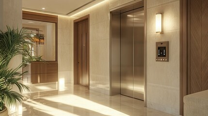 Modern elevator with digital buttons, brushed steel finish in a quiet residential lobby with soft lighting