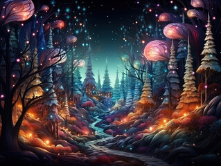 Wall Mural - fantastic oil painting magical forest with christmas trees and glowing bokeh lights