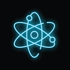 Poster - Blue neon atom symbol glowing on a black background, representing scientific concepts