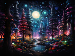 Wall Mural - incredible halloween night scene with full moon and haunted house 3d rendering