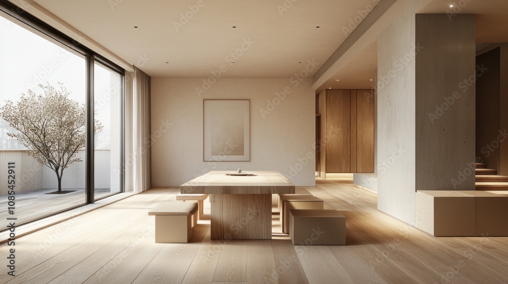 A spacious dining area features a sleek wooden table illuminated by soft natural light, creating a welcoming atmosphere for family gatherings.