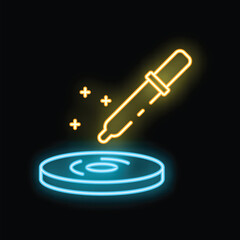 Poster - Neon icon of a pipette dripping liquid on a petri dish, representing laboratory research and analysis