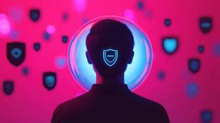 Aufkleber - Portrait of a person with a glowing shield symbol on the head against a colorful background, representing digital security and data protection concepts in modern technology.