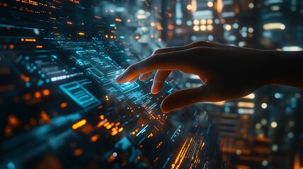 A hand interacts with a futuristic digital interface, showcasing glowing blue and orange data streams and code against a blurred cityscape background.