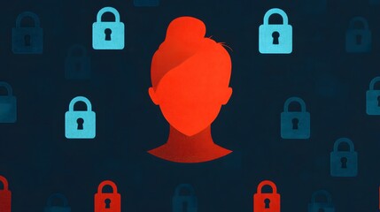 Aufkleber - Abstract Illustration of a Female Silhouette Surrounded by Security Locks Representing Digital Privacy and Cybersecurity Challenges