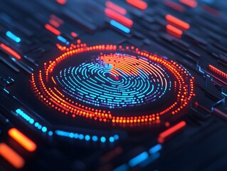 Poster - Abstract Digital Background with Colorful Circular Pattern of Lights and Lines, Representing Data, Technology, and Cybersecurity Themes in Vibrant Blues and Reds