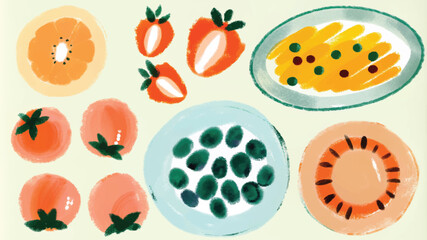 Wall Mural - Watercolor illustration of fruit on a plate. Hand-drawn illustration.