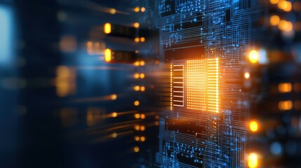 Poster - Abstract Close-Up of a Circuit Board Displaying Bright Lights and Intricate Patterns Representing Modern Technology and Digital Innovation in Processors