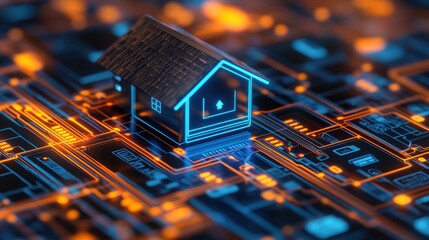 Poster - Digital Smart Home Concept with Futuristic Technology Overlaid on Circuit Board, Represents Innovations in Real Estate, Security, and Automation in Modern Living Environments