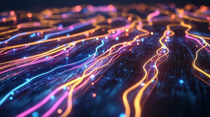 Poster - Colorful Abstract Light Trails on a Dark Background Creating a Vibrant Energetic Atmosphere with a Sense of Motion and Flowing Technology Concept