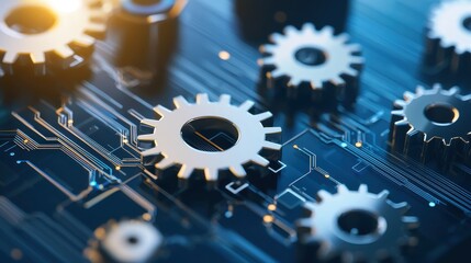 Poster - Intricate Gears on a Circuit Board, Symbolizing Innovation and Technology Integration in Modern Engineering and Automation Systems with Dynamic Motion Effects