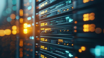 Aufkleber - High-Tech Data Center with Illuminated Server Racks Featuring LED Lights and Blurred Background Showcasing the Modern Digital Infrastructure for Information Storage