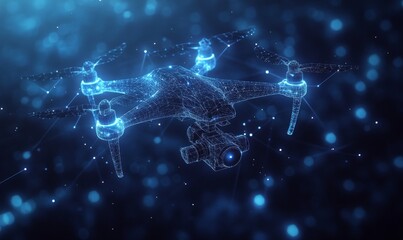 Abstract depiction of a drone with action video camera against a dark blue backdrop, characterized by lines and dots forming a polygonal low poly structure